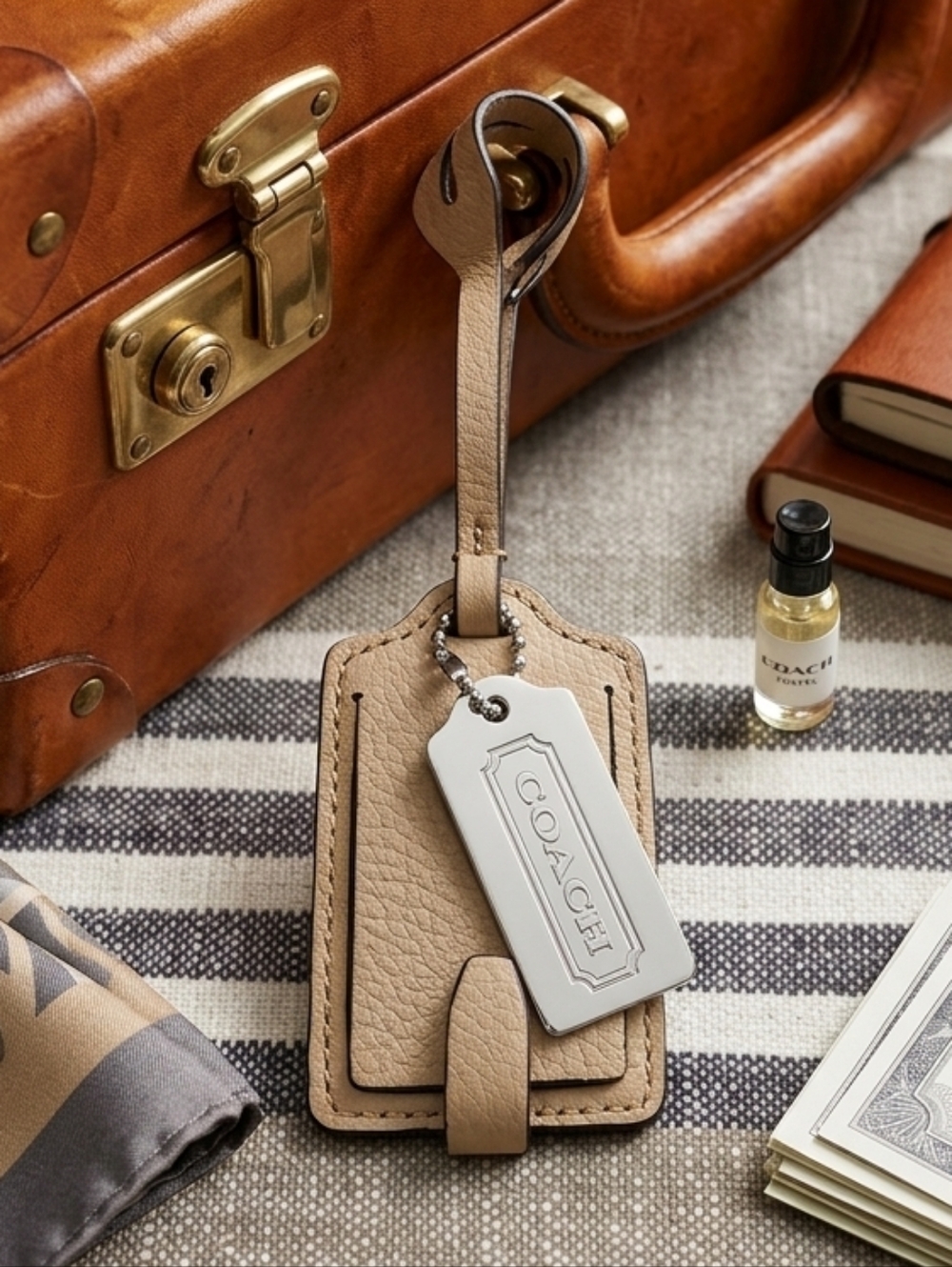 Coach Tan Leather Luggage Tag with Silver Hang Tag